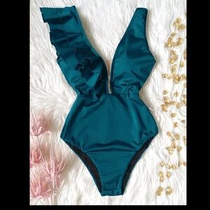 Spain dancer 💃 style ruffle shoulder one piece swimsuit teal bikini bathing